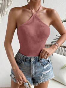 Soleia 素色後背繫帶繞頸緊身連體衣 - 藕粉色 - 查看 6