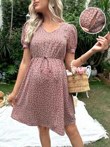 SHEIN 孕婦碎花泡泡袖前打結連衣裙 - 彩色 - 查看 1