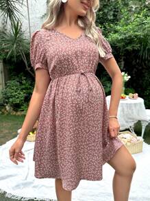 SHEIN 孕婦碎花泡泡袖前打結連衣裙 - 彩色 - 查看 3