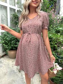 SHEIN 孕婦碎花泡泡袖前打結連衣裙 - 彩色 - 查看 5