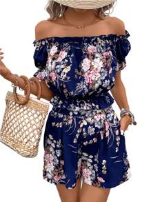 SHEIN LUNE Shorts con top con estampado floral de hombros descubiertos ribete fruncido - Multicolor - Ver 2