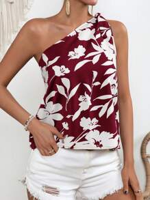 SHEIN Clasi Áo sơ mi nữ Thắt nút Hoa Tất cả trên in Boho - Màu Tím - Xem 4