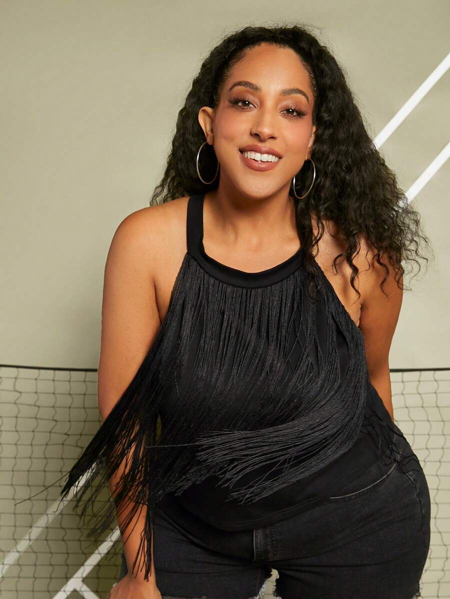 SHEIN CURVE+ Plus Fringe Trim Halter Top - Black - View 1