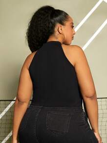 SHEIN CURVE+ Plus Fringe Trim Halter Top - Black - View 2