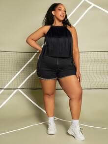 SHEIN CURVE+ Plus Fringe Trim Halter Top - Black - View 5