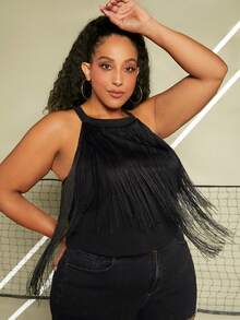 SHEIN CURVE+ Plus Fringe Trim Halter Top - Black - View 3