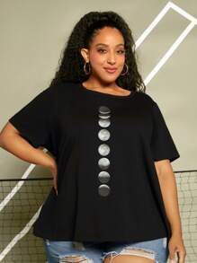 SHEIN CURVE+ 大碼月亮印花T恤 - 黑色 - 查看 3