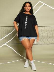 SHEIN CURVE+ 大碼月亮印花T恤 - 黑色 - 查看 6