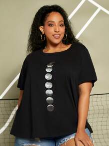 SHEIN CURVE+ 大碼月亮印花T恤 - 黑色 - 查看 1