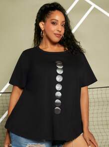 SHEIN CURVE+ 大碼月亮印花T恤 - 黑色 - 查看 5