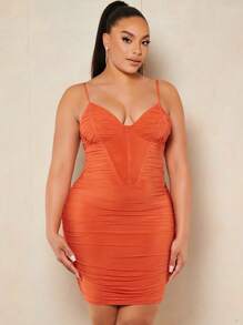 SHEIN BAE 大碼優雅網拼接 褶邊 透膚 拉鍊純色連衣裙 - 橘色 - 查看 1