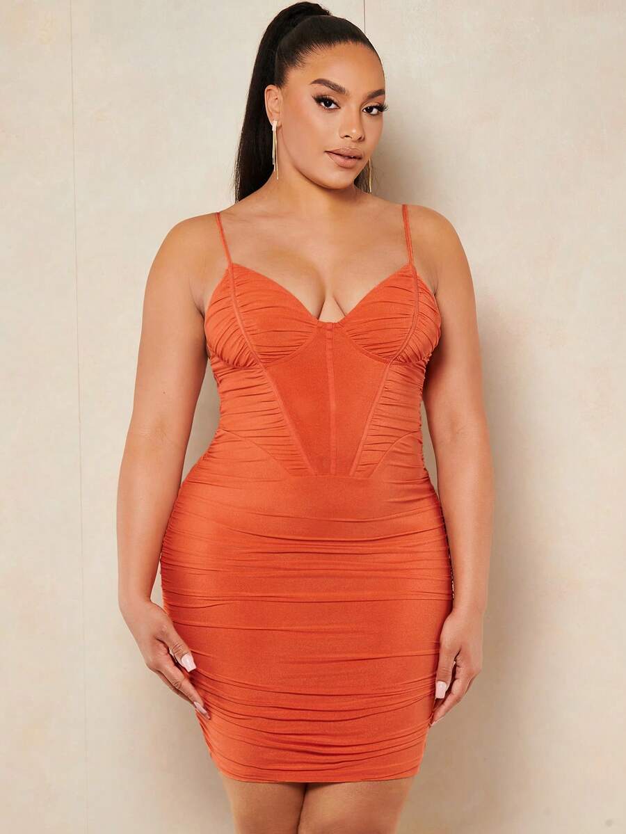 SHEIN BAE 大碼優雅網拼接 褶邊 透膚 拉鍊純色連衣裙 - 橘色 - 查看 1
