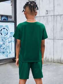 SHEIN Leap Crew 10-14歲男孩字母&卡通圖案T恤&短褲