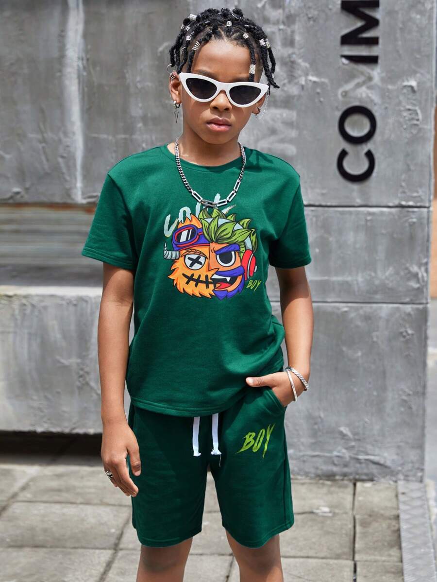 SHEIN Leap Crew 10-14歲男孩字母&卡通圖案T恤&短褲