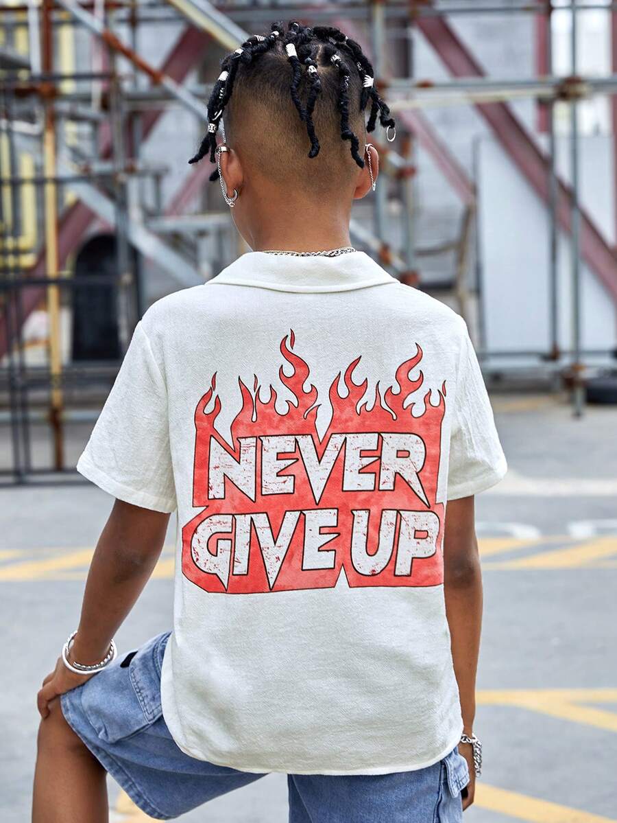 SHEIN Áo sơ mi Trai Nút Slogan Ngọn lửa Giải trí - trắng - Xem 1