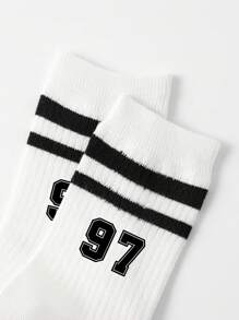 Niños 1 par Calcetines deportivos de rayas & con patrón de número de tela para vida diaria - Blanco y Negro - Ver 2