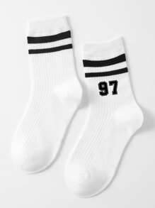 Niños 1 par Calcetines deportivos de rayas & con patrón de número de tela para vida diaria - Blanco y Negro - Ver 4