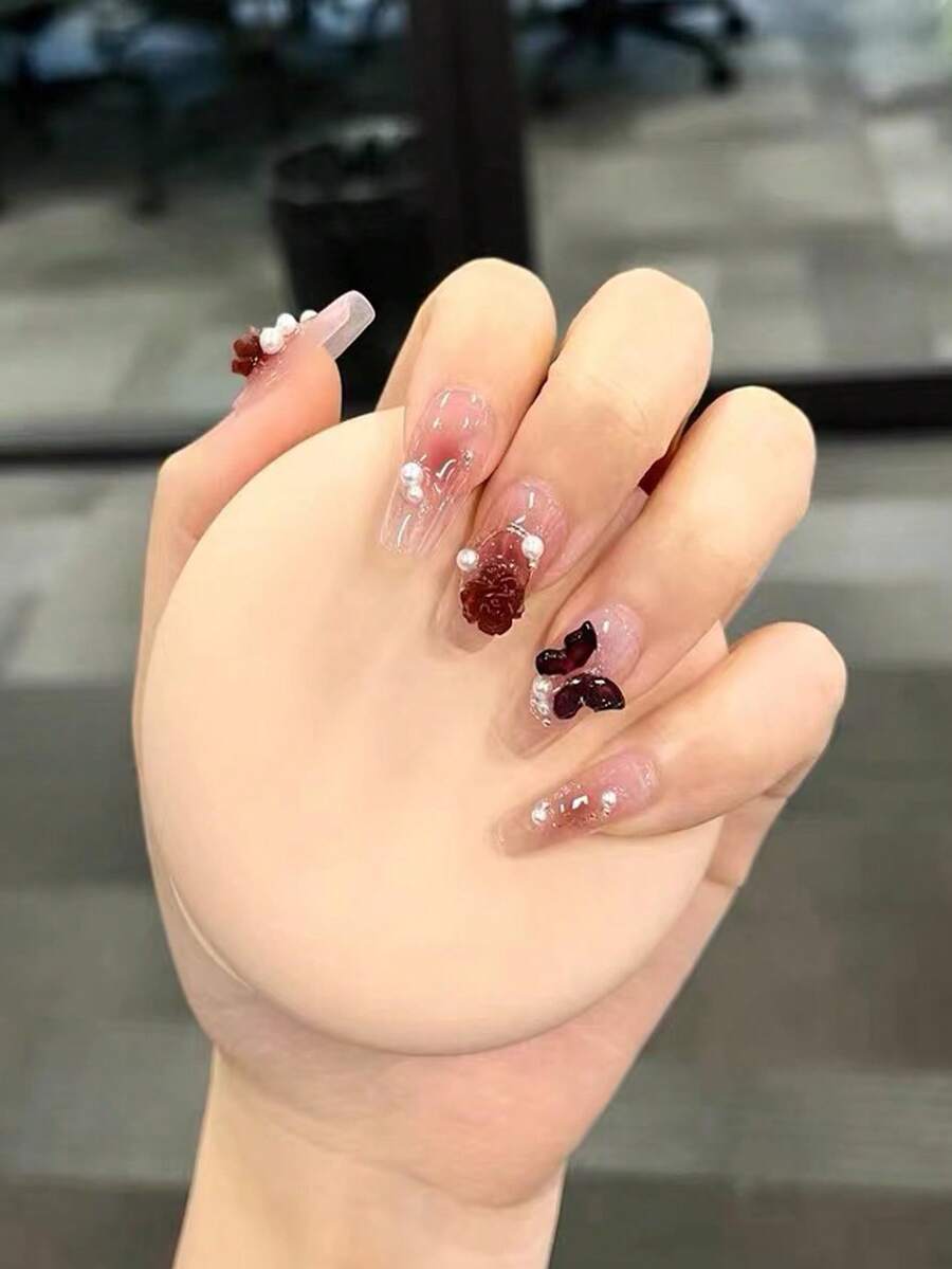 Instantly Upgrade Your Look With 24pcs Long Coffin 3D Butterfly Decor Full Cover Fake Nail Kit - Multicolor - View 1