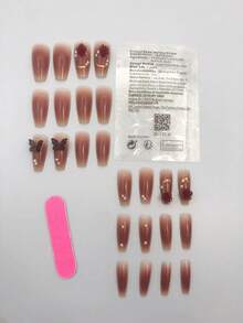 Instantly Upgrade Your Look With 24pcs Long Coffin 3D Butterfly Decor Full Cover Fake Nail Kit - Multicolor - View 2
