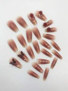 Instantly Upgrade Your Look With 24pcs Long Coffin 3D Butterfly Decor Full Cover Fake Nail Kit - Multicolor - View 3