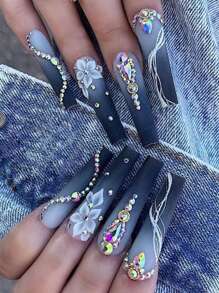 24pcs Long Coffin Rhinestone Decor Fake Nail & 1sheet Tape & 1pc Nail File Press On Nails Nail Supplies - Multicolor - View 1