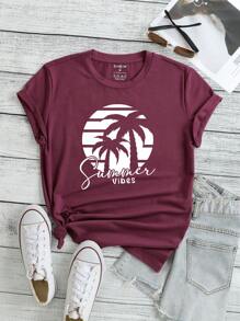 INAWLY Áo thun nữ Lá thư Nhiệt đới Giải trí - Màu Đỏ Sâu - Xem 1