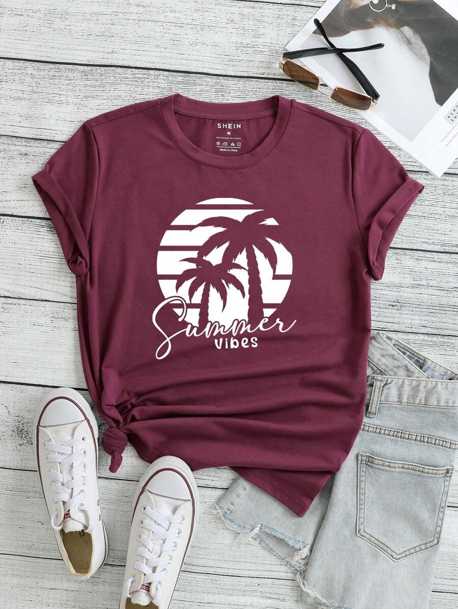 INAWLY Áo thun nữ Lá thư Nhiệt đới Giải trí - Màu Đỏ Sâu - Xem 1