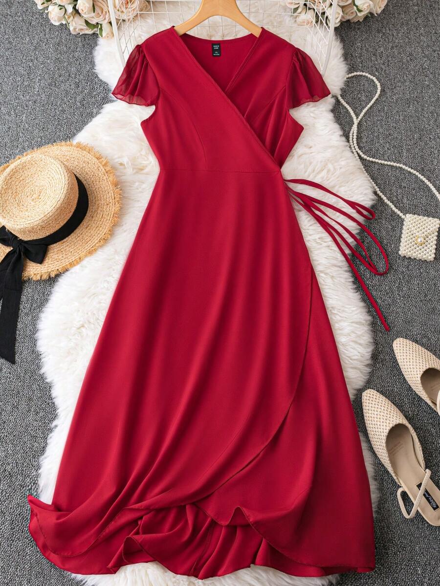 SHEIN Clasi Đầm Plus Size Thắt nút Trọn gói màu trơn Giải trí - Màu Đỏ Sâu - Xem 1