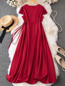 SHEIN Clasi Đầm Plus Size Thắt nút Trọn gói màu trơn Giải trí - Màu Đỏ Sâu - Xem 2