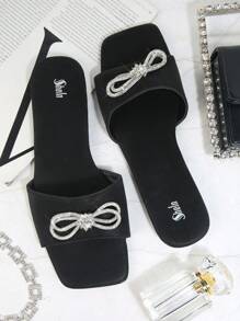 Slip-On Rhinestone Bow Flat Sandals - Black - View 2