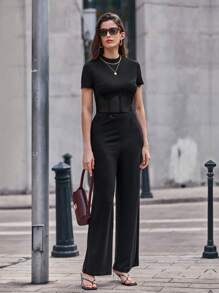 SHEIN Frenchy 小高領前接縫連身褲 - 黑色 - 查看 2