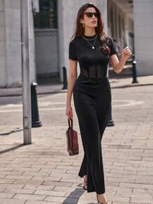 SHEIN Frenchy 小高領前接縫連身褲 - 黑色 - 查看 1