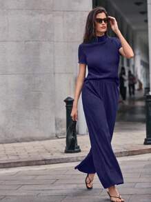 SHEIN Frenchy Mock Neck Tee & Wide Leg Pants - Purple - View 1