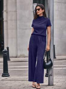 SHEIN Frenchy Mock Neck Tee & Wide Leg Pants - Purple - View 3