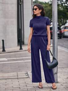 SHEIN Frenchy Mock Neck Tee & Wide Leg Pants - Purple - View 4