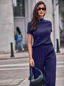 SHEIN Frenchy Mock Neck Tee & Wide Leg Pants - Purple - View 6