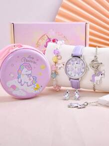 1pc Girls PU Polyurethane Strap Cute Round Dial Quartz Watch & 6pcs Jewelry Set For Daily Life - Purple - View 1