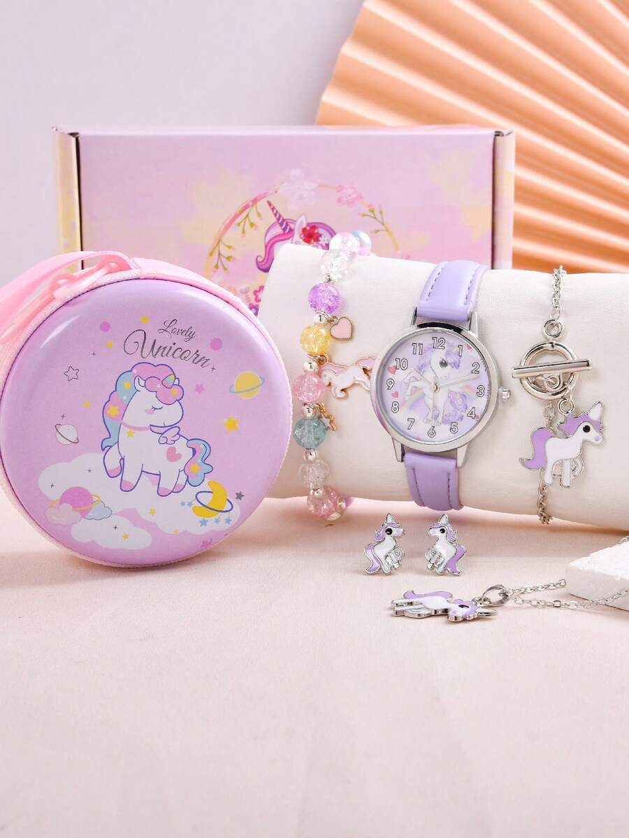 1pc Girls PU Polyurethane Strap Cute Round Dial Quartz Watch & 6pcs Jewelry Set For Daily Life - Purple - View 1