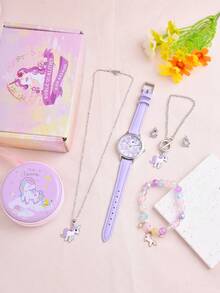1pc Girls PU Polyurethane Strap Cute Round Dial Quartz Watch & 6pcs Jewelry Set For Daily Life - Purple - View 2