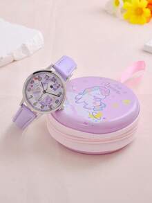 1pc Girls PU Polyurethane Strap Cute Round Dial Quartz Watch & 6pcs Jewelry Set For Daily Life - Purple - View 3