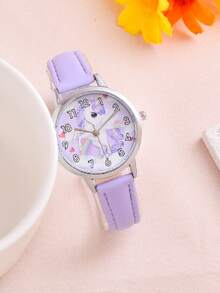 1pc Girls PU Polyurethane Strap Cute Round Dial Quartz Watch & 6pcs Jewelry Set For Daily Life - Purple - View 4