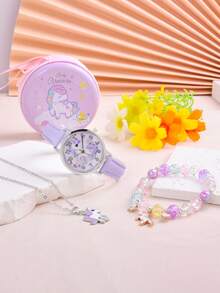 1pc Girls PU Polyurethane Strap Cute Round Dial Quartz Watch & 6pcs Jewelry Set For Daily Life - Purple - View 6