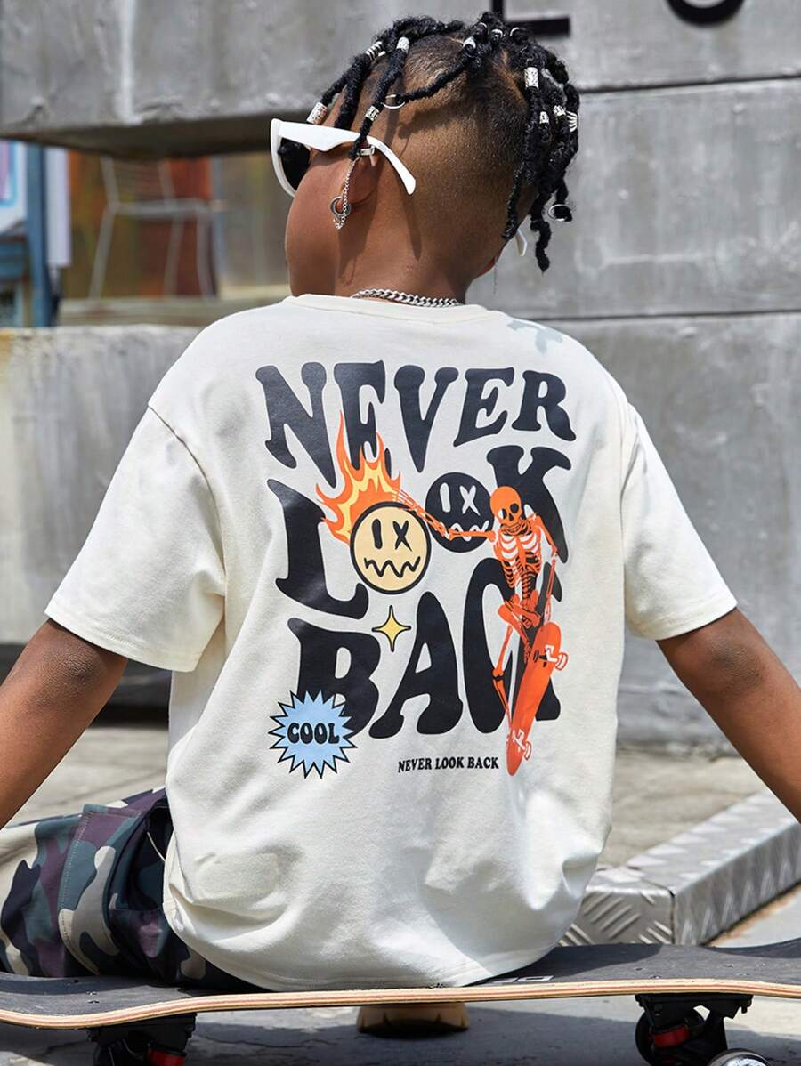 SHEIN Tween Boy Slogan & Cartoon Face Print Drop Shoulder Tee - Beige - View 1