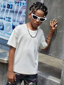 SHEIN Tween Boy Slogan & Cartoon Face Print Drop Shoulder Tee - Beige - View 2