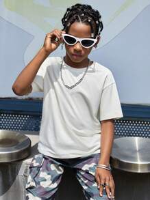 SHEIN Tween Boy Slogan & Cartoon Face Print Drop Shoulder Tee - Beige - View 4