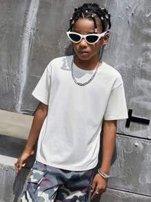 SHEIN Tween Boy Slogan & Cartoon Face Print Drop Shoulder Tee - Beige - View 6