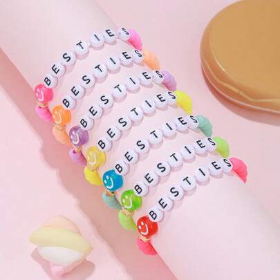 7pcs Girls Expression & Letter Detail Cute Beaded Bracelet For Daily Decoration