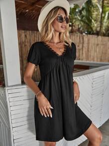RueChic Guipure Lace Trim Puff Sleeve Dress - Black - View 1