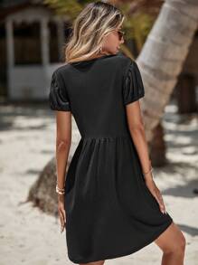 RueChic Guipure Lace Trim Puff Sleeve Dress - Black - View 2