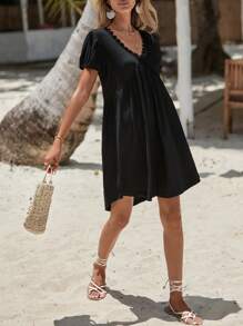 RueChic Guipure Lace Trim Puff Sleeve Dress - Black - View 3